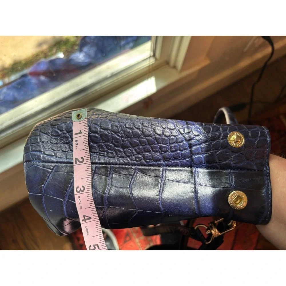 Prüne‎ Navy Blue Croc Embossed Leather Satchel Handbag Gold Hardware 9073